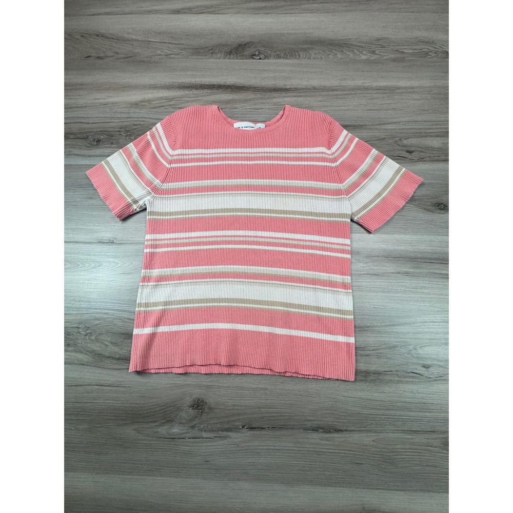 Croft & Barrow Womens XL Pink Striped Ribbed Knit 100% Cotton Short Sleeve Top
